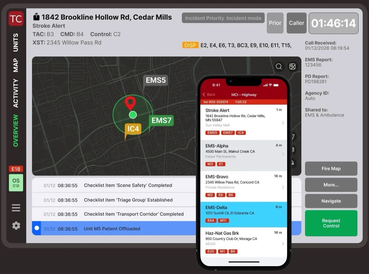 Tablet Command's live EMS board: a stroke alert at 1842 Brookline Hollow Rd, ambulance unit tags on a map, and a synced iPhone view of the incident list