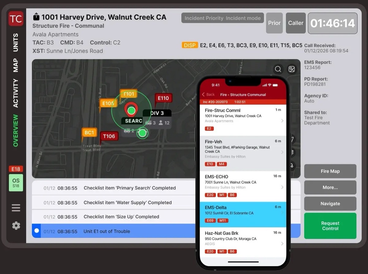 Tablet Command's live incident board: a structure fire at 1001 Harvey Drive, units on a map, an assignment log, and a synced iPhone view of the incident list